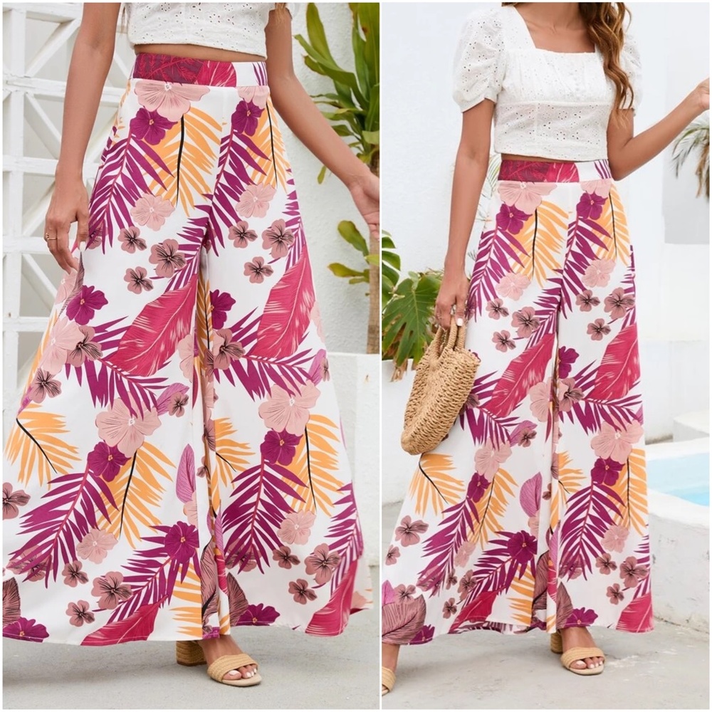 Boho Floral Tropical Print Wide Leg Palazzo Pants - Picture 1 of 8